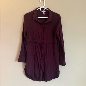 LEITH Burgundy Tunic Length Blouse Long Sleeve Button Up Shirt Size Large